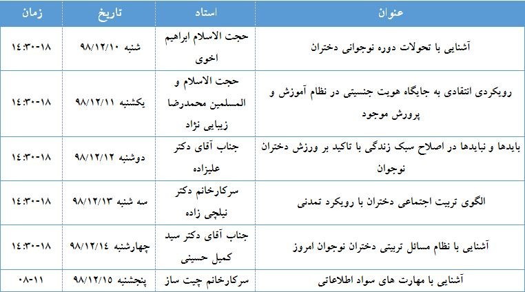 جدول زمان بندی دوره تربیت دخترانه 